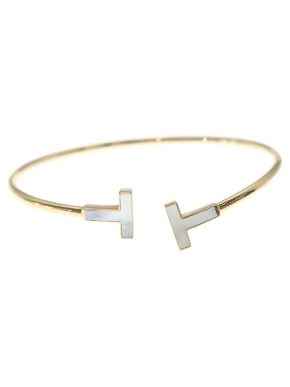 Tiffany & Co T Wire 18k Yellow Gold Bracelet Bangle White Shell